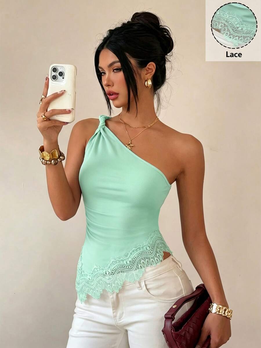 Siren Gaze 蕾絲拼接扭轉單肩上衣,優雅性感修身女款,適合嘉年華、夏季、露背生日之夜外訪,薄荷綠 - 綠色 - 查看 1