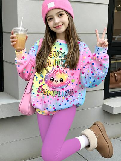 Tween Girls Casual Cute Fun Squeeze Toy Bun Pattern, Glitter, Rhinestone Bun, Colorful Polka Dot Print, Sweet Creamy Style, Round Neck Long Sleeve Sweatshirt & Leggings 2 Pieces Set Suitable For Autumn/Winter, Cozy, Girls Outfit Sets, Y2K, Kawaii