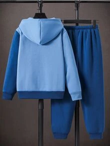 SHEIN 2件組兒童青少年男孩LA字母圖案拼色針織軟帽長袖套頭衛衣與彈性腰抓毛加厚長褲，適合通勤、上學、日常休閒、外出、運動，秋冬穿著 - 藍色 - 查看 4