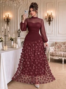 Roveilla Plus Size 2027 New Party Dinner Formal Style Elegant Wedding 3D Floral Long Dress Dark Purple Autumn - Burgundy - View 6