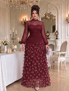 Roveilla Plus Size 2027 New Party Dinner Formal Style Elegant Wedding 3D Floral Long Dress Dark Purple Autumn - Burgundy - View 4