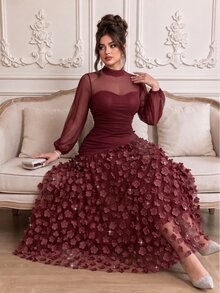 Roveilla Plus Size 2027 New Party Dinner Formal Style Elegant Wedding 3D Floral Long Dress Dark Purple Autumn - Burgundy - View 1