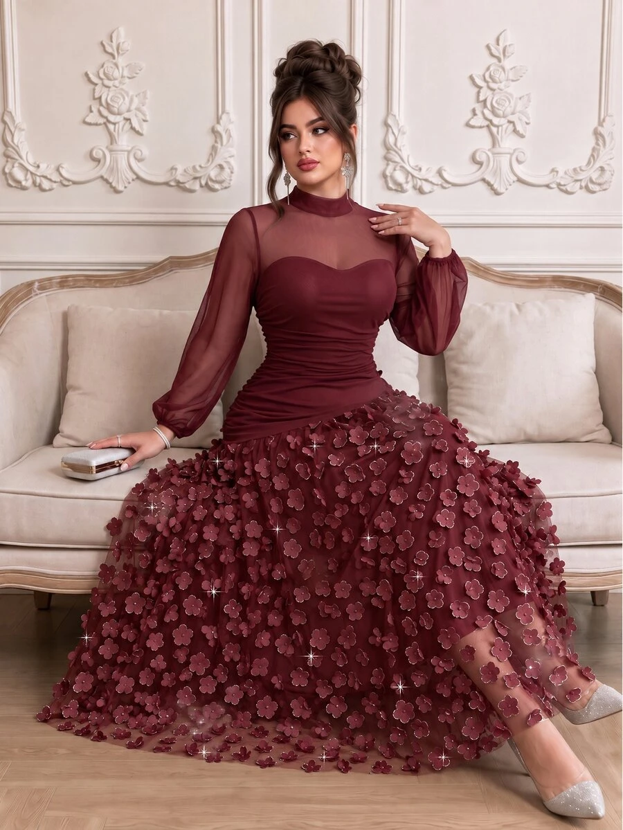 Roveilla Plus Size 2027 New Party Dinner Formal Style Elegant Wedding 3D Floral Long Dress Dark Purple Autumn - Burgundy - View 1