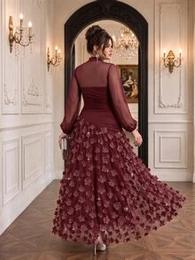 Roveilla Plus Size 2027 New Party Dinner Formal Style Elegant Wedding 3D Floral Long Dress Dark Purple Autumn - Burgundy - View 2