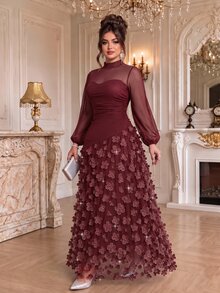 Roveilla Plus Size 2027 New Party Dinner Formal Style Elegant Wedding 3D Floral Long Dress Dark Purple Autumn - Burgundy - View 5