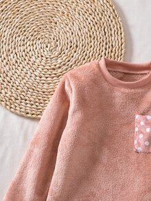 SHEIN Genkimix Kids 女童絨毛格紋長袖上衣與長褲休閒舒適柔軟2件式家居睡衣套裝 秋冬款 - 粉色 - 查看 4