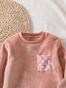 SHEIN Genkimix Kids 女童絨毛格紋長袖上衣與長褲休閒舒適柔軟2件式家居睡衣套裝 秋冬款 - 粉色 - 查看 6