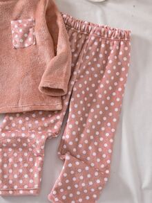 SHEIN Genkimix Kids 女童絨毛格紋長袖上衣與長褲休閒舒適柔軟2件式家居睡衣套裝 秋冬款 - 粉色 - 查看 5