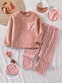 SHEIN Genkimix Kids 女童絨毛格紋長袖上衣與長褲休閒舒適柔軟2件式家居睡衣套裝 秋冬款 - 粉色 - 查看 3