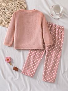 SHEIN Genkimix Kids 女童絨毛格紋長袖上衣與長褲休閒舒適柔軟2件式家居睡衣套裝 秋冬款 - 粉色 - 查看 2