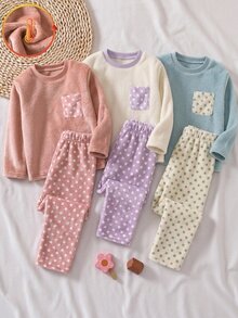 SHEIN Genkimix Kids 女童絨毛格紋長袖上衣與長褲休閒舒適柔軟2件式家居睡衣套裝 秋冬款 - 粉色 - 查看 11