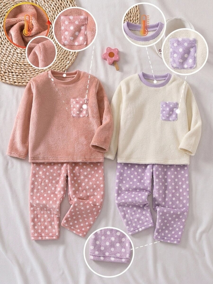SHEIN Genkimix Kids 女童絨毛格紋長袖上衣與長褲休閒舒適柔軟2件式家居睡衣套裝 秋冬款 - 粉色 - 查看 1