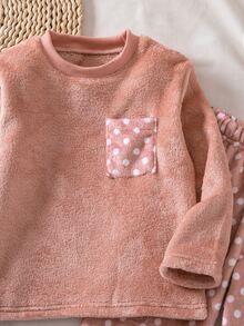 SHEIN Genkimix Kids 女童絨毛格紋長袖上衣與長褲休閒舒適柔軟2件式家居睡衣套裝 秋冬款 - 粉色 - 查看 7