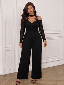 SHEIN LUNE CURVE Plus Size Women's Fashion Elegant Versatile Lace Patchwork Cowl Neck V-Neck Ruched Straight Leg Jumpsuit Fall - Black - View 3