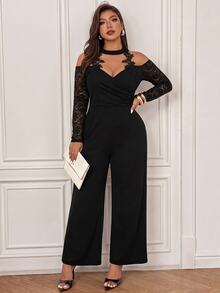 SHEIN LUNE CURVE Plus Size Women's Fashion Elegant Versatile Lace Patchwork Cowl Neck V-Neck Ruched Straight Leg Jumpsuit Fall - Black - View 6