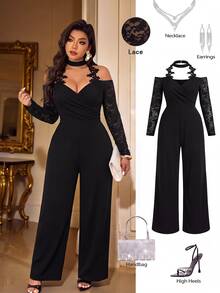 SHEIN LUNE CURVE Plus Size Women's Fashion Elegant Versatile Lace Patchwork Cowl Neck V-Neck Ruched Straight Leg Jumpsuit Fall - Black - View 1
