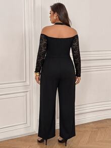 SHEIN LUNE CURVE Plus Size Women's Fashion Elegant Versatile Lace Patchwork Cowl Neck V-Neck Ruched Straight Leg Jumpsuit Fall - Black - View 2