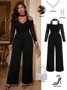 SHEIN LUNE CURVE Plus Size Women's Fashion Elegant Versatile Lace Patchwork Cowl Neck V-Neck Ruched Straight Leg Jumpsuit Fall - Black - View 7