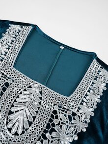 Al Najma 大尺碼女款藍色針織天鵝絨長袖刺繡領花卉拼接銀色刺繡蕾絲A字裙優雅浪漫洋裝 - 綠色 - 查看 9