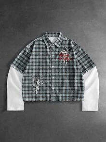 ROMWE MEN Street Life Men Plaid & Letter Graphic 2 In 1 Shirt - Multicolor - View 3