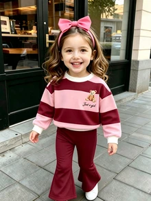 女童幼兒可愛熊圖案2件套，粉色與酒紅色拼接寬條紋圓領套頭運動衫，附精緻字母印花、羅紋袖口，搭配酒紅色喇叭長褲，寬鬆舒適，甜美時尚休閒穿搭，適合春秋冬季、聖誕節、萬聖節、開學季 - 彩色 - 查看 1