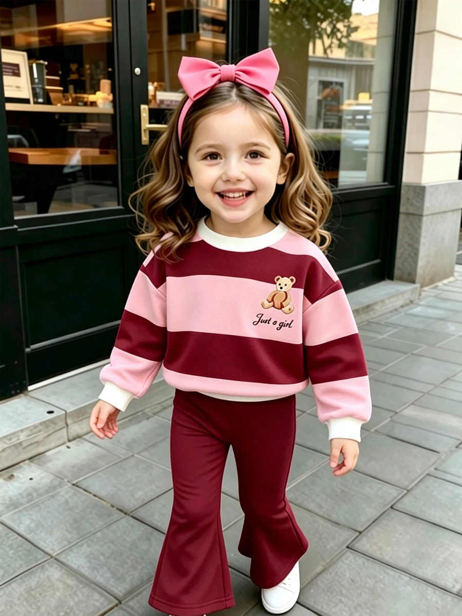 女童幼兒可愛熊圖案2件套,粉色與酒紅色拼接寬條紋圓領套頭運動衫,附精緻字母印花、羅紋袖口,搭配酒紅色喇叭長褲,寬鬆舒適,甜美時尚休閒穿搭,適合春秋冬季、聖誕節、萬聖節、開學季 - 彩色 - 查看 1
