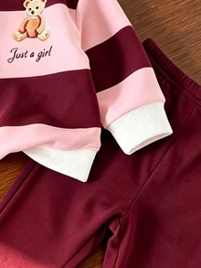 女童幼兒可愛熊圖案2件套，粉色與酒紅色拼接寬條紋圓領套頭運動衫，附精緻字母印花、羅紋袖口，搭配酒紅色喇叭長褲，寬鬆舒適，甜美時尚休閒穿搭，適合春秋冬季、聖誕節、萬聖節、開學季 - 彩色 - 查看 5