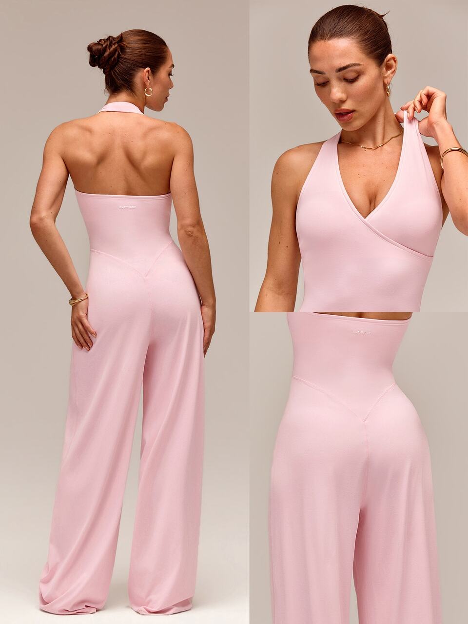 31" ButterFit UPF50+ Chase Your Glow Wide-Leg Contrast Trim V-Neck Adjustable Halter Jumpsuit With Removable Cups Daily Casual Summer Wear