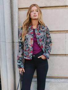 Nöista Chinese-Style Paisley Short Jacket Chinese Knot Buttons. Fitted Silhouette, Retro Glamorous,Fall/Winter, Going Out, Elegant Party. - Black - View 5