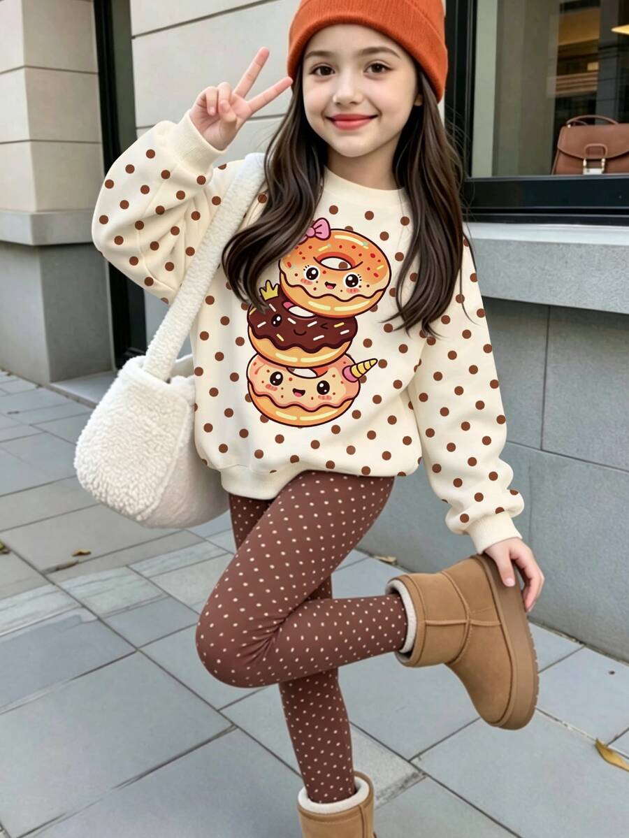 女童休閒簡約甜甜圈與波點圖案運動衫褲套裝,加厚保暖內裡,適合秋冬穿著 - 彩色 - 查看 1