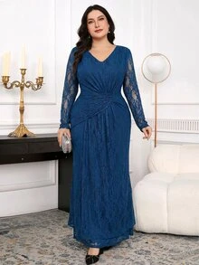Modelyn Plus Size Elegant Party Solid Color Lace Dress - Blue - View 6