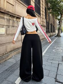 Coolane 女款秋冬四季街頭風運動休閒外出基本款學院風圖案織帶黑色寬腿嘻哈舞慢跑褲 - 黑色 - 查看 7