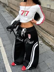 Coolane 女款秋冬四季街頭風運動休閒外出基本款學院風圖案織帶黑色寬腿嘻哈舞慢跑褲 - 黑色 - 查看 2