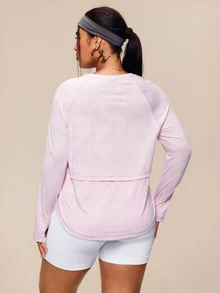 SHEIN Rhythm Era Plus Size Geometric Jacquard Sporty Long Sleeve Loose Fit Slimming T-Shirt, Pink Workout Fall - Pink - View 2
