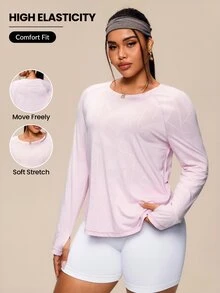 SHEIN Rhythm Era Plus Size Geometric Jacquard Sporty Long Sleeve Loose Fit Slimming T-Shirt, Pink Workout Fall - Pink - View 3