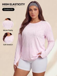SHEIN Rhythm Era Plus Size Geometric Jacquard Sporty Long Sleeve Loose Fit Slimming T-Shirt, Pink Workout Fall - Pink - View 1