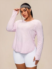SHEIN Rhythm Era Plus Size Geometric Jacquard Sporty Long Sleeve Loose Fit Slimming T-Shirt, Pink Workout Fall - Pink - View 5