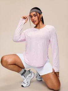 SHEIN Rhythm Era Plus Size Geometric Jacquard Sporty Long Sleeve Loose Fit Slimming T-Shirt, Pink Workout Fall - Pink - View 4