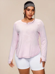 SHEIN Rhythm Era Plus Size Geometric Jacquard Sporty Long Sleeve Loose Fit Slimming T-Shirt, Pink Workout Fall - Pink - View 8