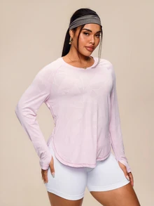 SHEIN Rhythm Era Plus Size Geometric Jacquard Sporty Long Sleeve Loose Fit Slimming T-Shirt, Pink Workout Fall - Pink - View 6