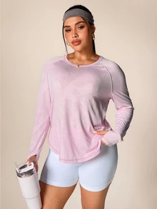 SHEIN Rhythm Era Plus Size Geometric Jacquard Sporty Long Sleeve Loose Fit Slimming T-Shirt, Pink Workout Fall - Pink - View 7