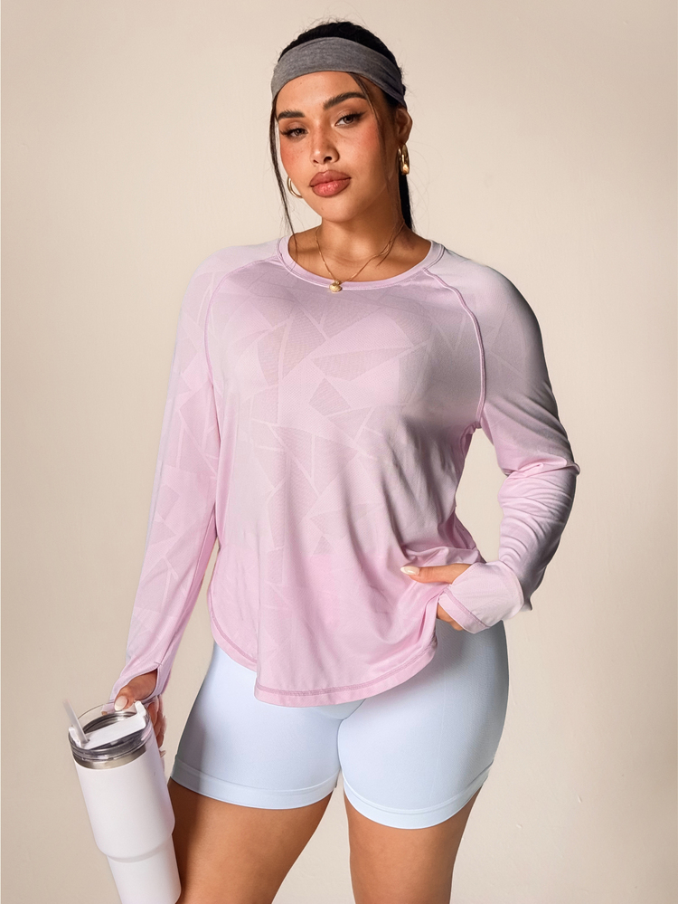 SHEIN Rhythm Era Plus Size Geometric Jacquard Sporty Long Sleeve Loose Fit Slimming T-Shirt, Pink Workout Fall - Pink - View 7