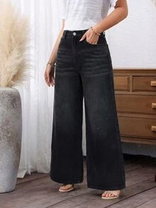 SHEIN PETITE Celana Jeans Wanita Longgar Kasual Serbaguna Model Lebar dengan Kantong - Hitam - View 4
