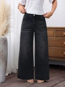 SHEIN PETITE Celana Jeans Wanita Longgar Kasual Serbaguna Model Lebar dengan Kantong - Hitam - View 7