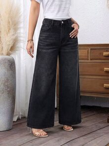 SHEIN PETITE Celana Jeans Wanita Longgar Kasual Serbaguna Model Lebar dengan Kantong - Hitam - View 5