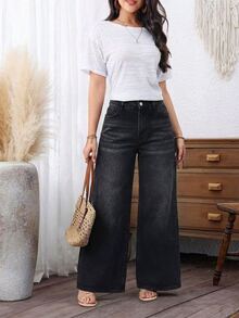 SHEIN PETITE Celana Jeans Wanita Longgar Kasual Serbaguna Model Lebar dengan Kantong - Hitam - View 3