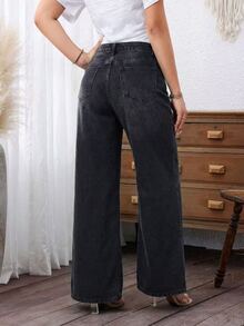 SHEIN PETITE Celana Jeans Wanita Longgar Kasual Serbaguna Model Lebar dengan Kantong - Hitam - View 2