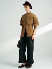 Airaco Women's Solid Color Stand Collar Drop Shoulder Single-Breasted Casual Shirt - Khaki - View 6