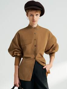 Airaco Women's Solid Color Stand Collar Drop Shoulder Single-Breasted Casual Shirt - Khaki - View 3