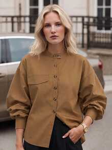 Airaco Women's Solid Color Stand Collar Drop Shoulder Single-Breasted Casual Shirt - Khaki - View 2